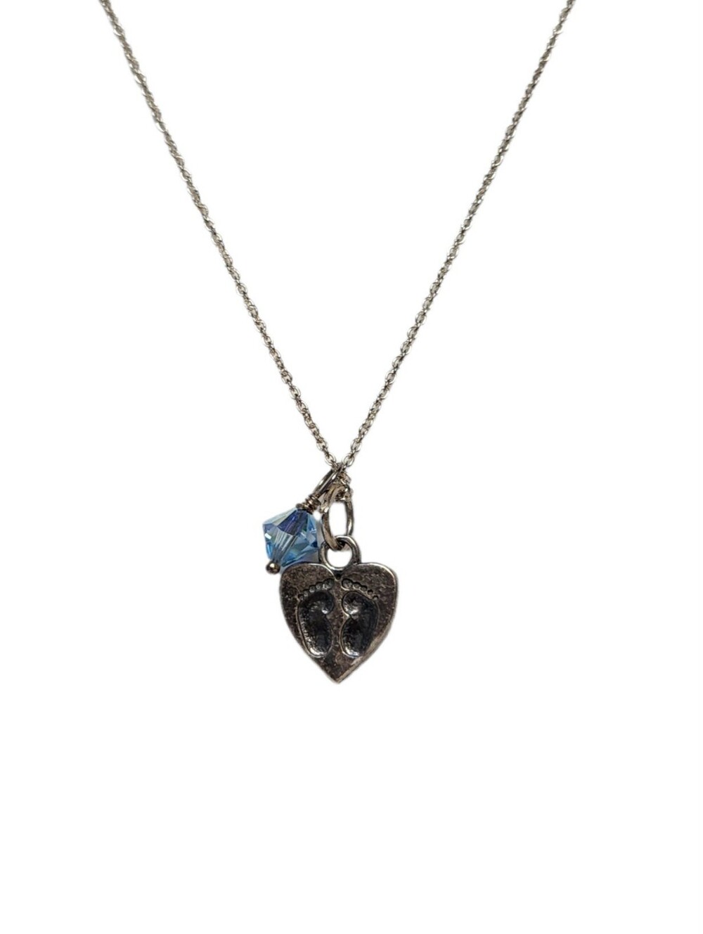SJC Baby Feet Sterling Silver Heart Pendant Necklace with Blue Crystal